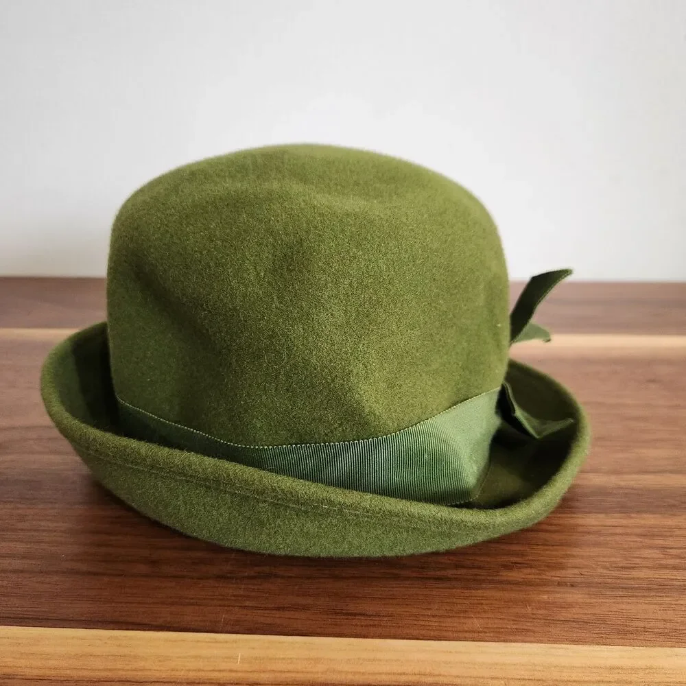Glenover Henry Pollak 100% Wool Vintage Green Felt Hat Ribbon Womens Cloche